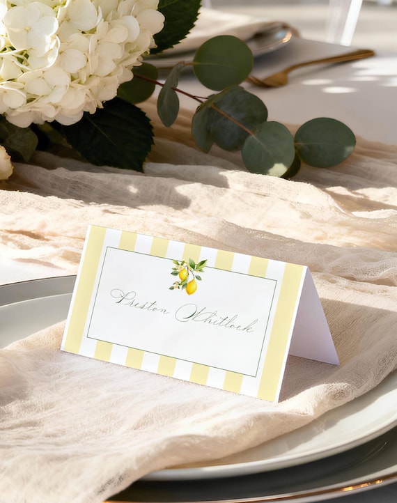 Lemons Wedding Place Card: Shower Name Card, Coastal, Striped, Mediterranean (Editable Printable) Digital #lgs