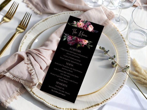 Black and Blush Floral Wedding Menu Template: Elegant Peonies (Editable Printable) #bpp