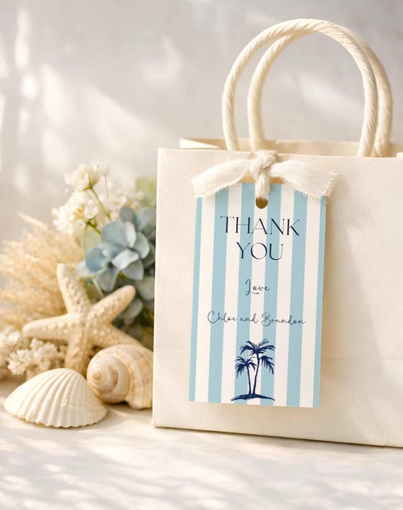 Coastal Design Favor Tags: Thank you tags, Beach, Blue stripes, Palm Tree ( Editable Printable)  #scb