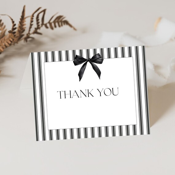 Modern Black Bow Thank You Card Template: Minimalist DIY Printable (5.5x4.25" Tent Fold & Flat)