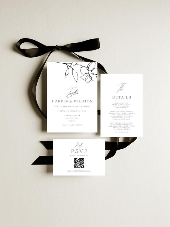 Modern Black and white Wedding Invitation Set, Wildflower, Minimalist (Editable Printable) Instant Download #bsf