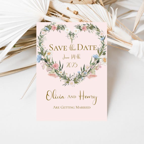 Blush Floral Heart Save The Date: Wildflower Wedding Invitation (Printable, Editable)