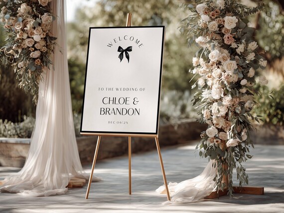 Minimalist Black Bow Wedding Welcome Sign: Modern, Elegant (Editable Printable) Digital #mmb