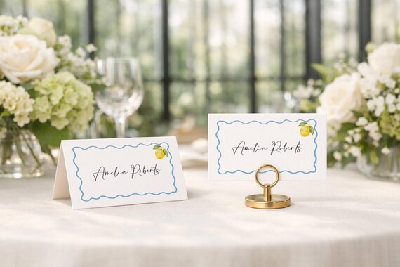 Lemon Place Card Template: Blue Wavy Border, Printable Tent Fold (Edit & Print) #wbl