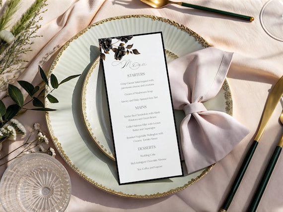 Black Floral Wedding Menu Template: Elegant Printable Dinner Menu (Digital Download) Editable #mag