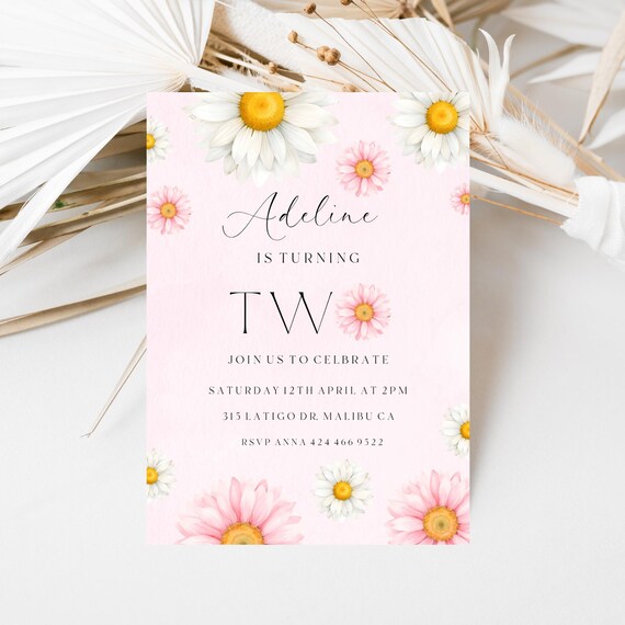 Daisy 2nd Birthday Invitation Template: Pink Retro Boho (Editable)