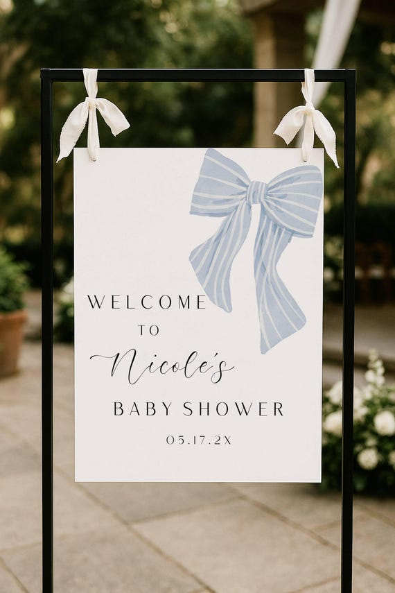 Modern Blue Bow Baby Shower Welcome Sign Template (Printable Editable ) #psb