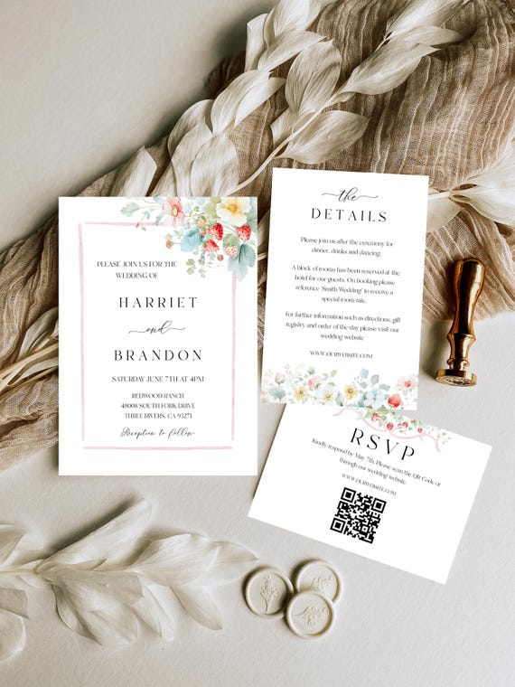 Wild Strawberry Wedding Invitation Suite: Country Chic Template (Printable PDF Download) Editable #str