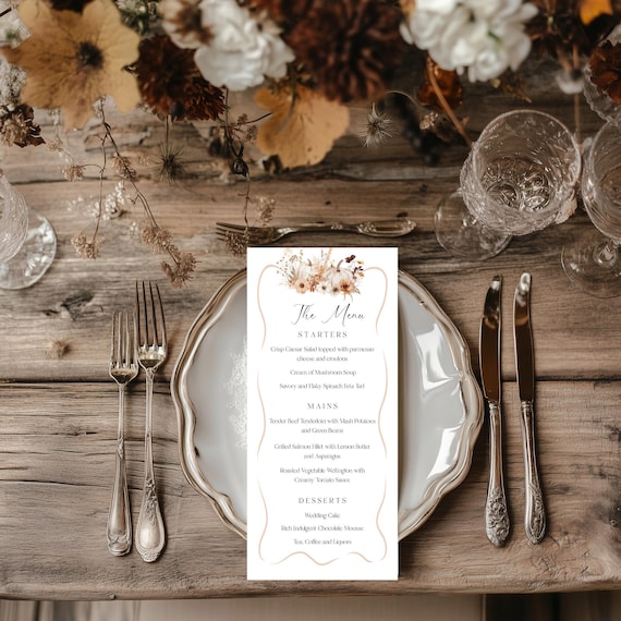 Fall Wedding Menu Template: Terracotta Pumpkin Floral Design (Digital Download, Editable 4x9") #tfw