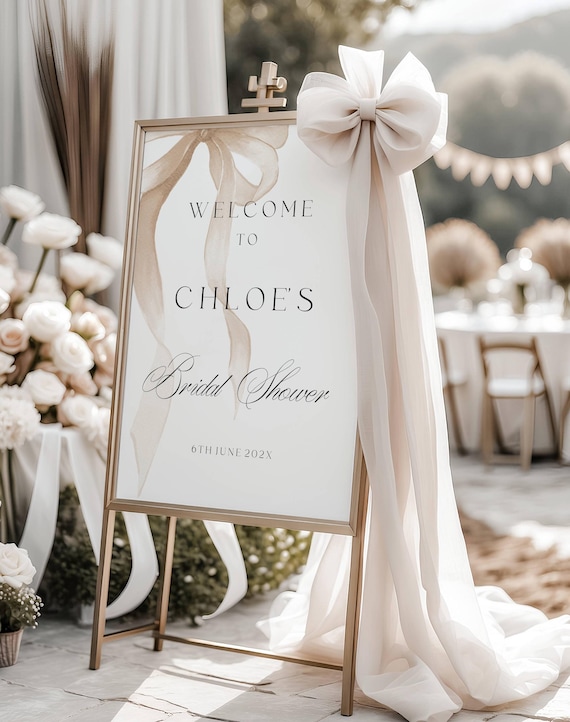 Elegant Beige Bow bridal Shower Welcome Sign, Boho, Chic ( Editable Printable ) Instant Download #bbb