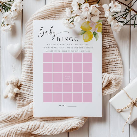 Lemons Baby Shower Game Template, Baby Bingo, Pink Floral, (Printable, Editable) Digital #lem