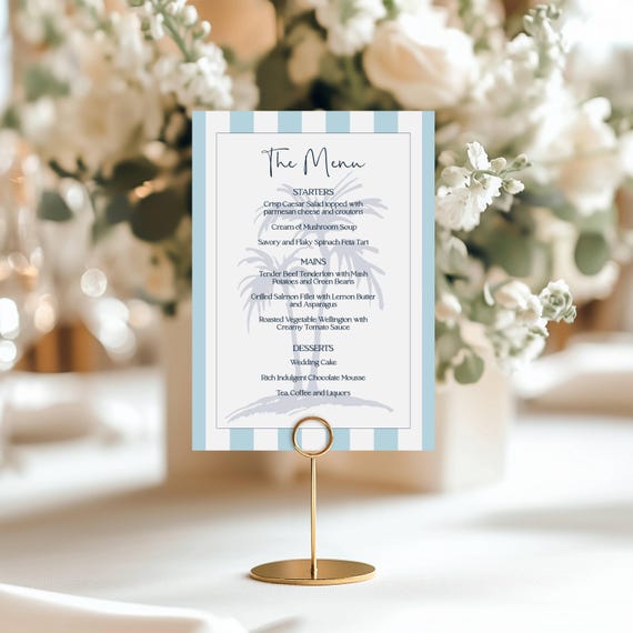 Coastal Design Wedding Menu: Table Menu, Blue stripes, Palm Tree ( Editable Printable)  #scb