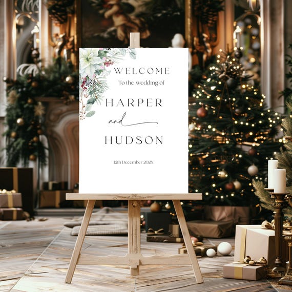 Winter Poinsettia Wedding Welcome Sign Template: Editable Printable (Digital Download) #poin