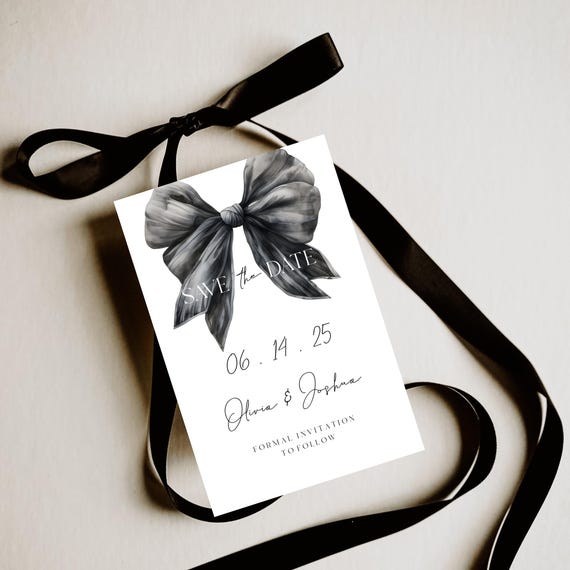 Black Bow Save the Date Template: Modern Wedding Invitation (Editable, Printable)