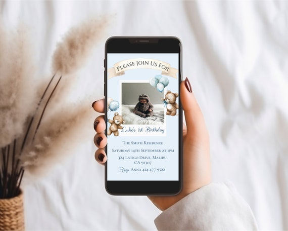 Blue Teddy Bear 1st Birthday Photo Evite: Electronic Invitation (Instant Download)