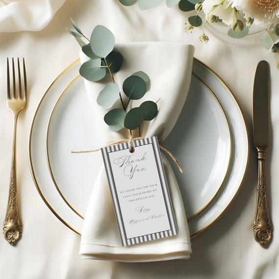 Elegant Pinstripe Wedding Favor Tags, Grey, Thank you Napkin Tags (Editable Printable) Digital  #mtm