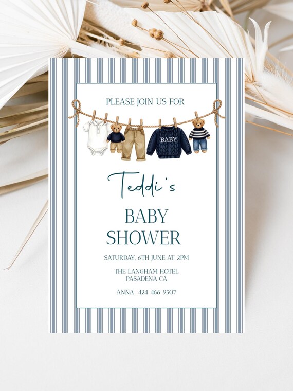 Boys Teddy Bear Baby Shower Invitation, Blue, Stripes (Editable Printable) Instant Download #pst
