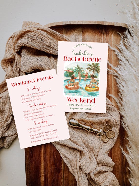 Retro Beach Bachelorette Party Invitation Template : Pool, Tropical (Editable, Printable) Instant Download