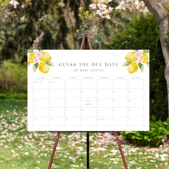 Lemons Guess The Due Date Calendar Sign, Baby Shower Games, Pink Floral (Editable Printable)  #lem
