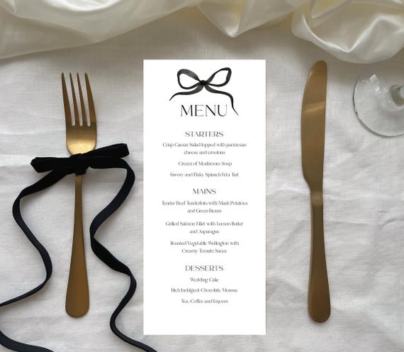 Modern Black Bow Menu Template: Elegant Wedding Table Menu (Editable Digital File) #BELLA