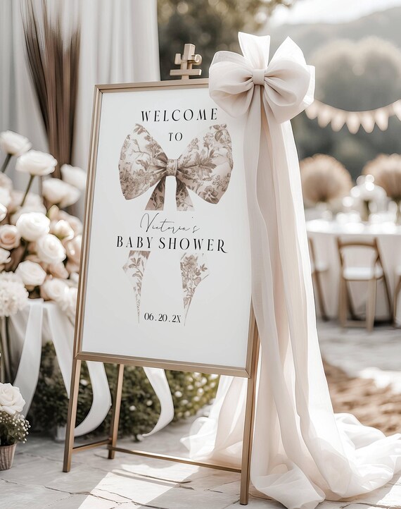 Toile Bow Baby Shower Welcome Sign Template, Beige (Digital Download) Editable  #toi