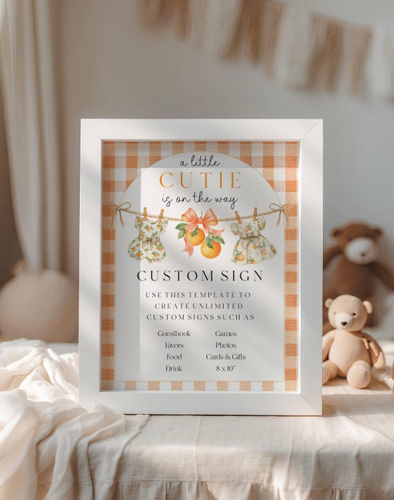 Little Cutie Baby Shower Customizable Sign, Oranges Table Sign, Gingham (Editable Printable) Digital #lcb