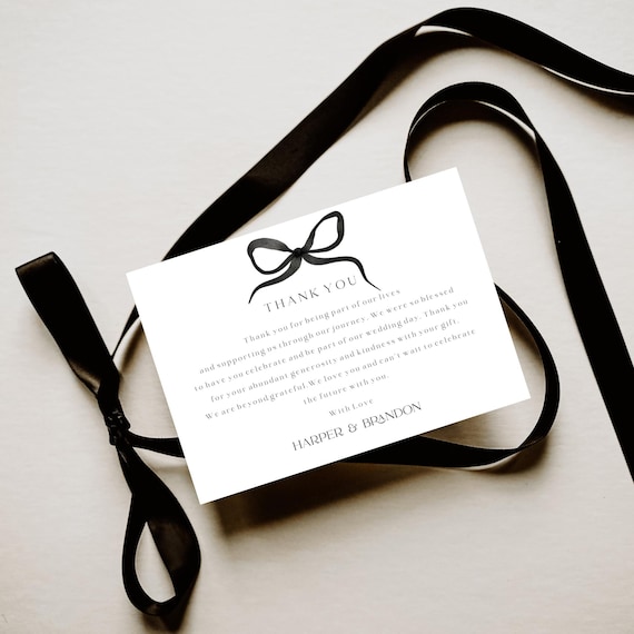 Modern Black Bow Wedding Thank You Card Template: Printable Note (Editable #BELLA