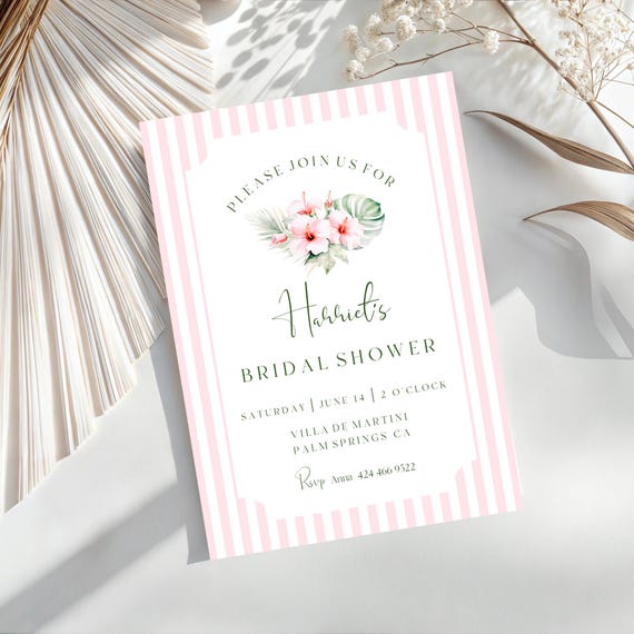 Pink Striped Bridal Shower Invitation, Tropical Floral, Retro Design (Digital Download)