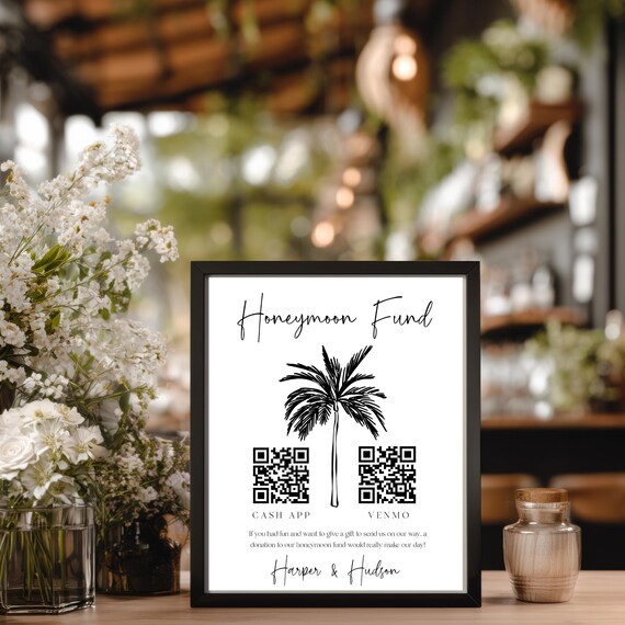 Tropical Wedding Honeymoon Fund Sign: Palm Tree QR Code (Digital Download)