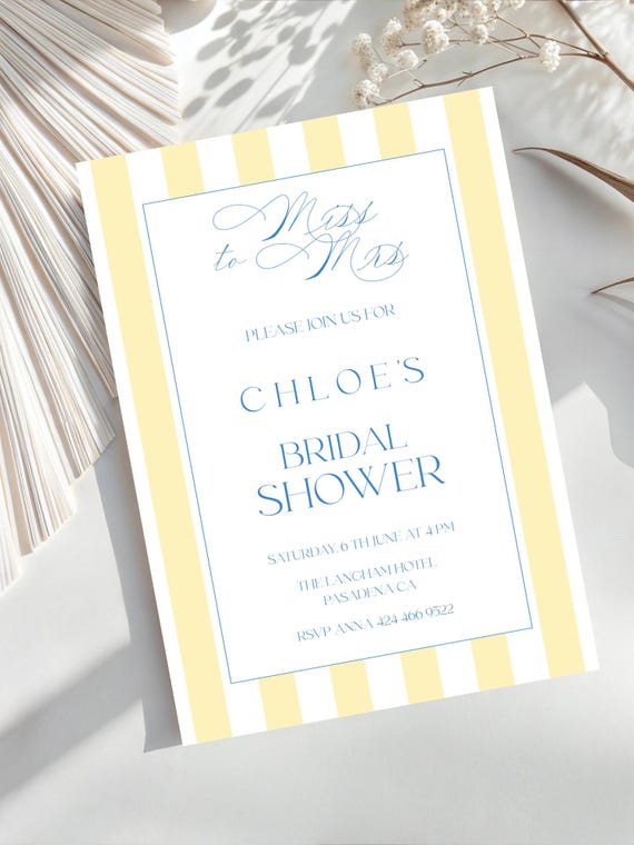 Elegant Lemon Striped Bridal Shower Invitation, Coastal, Retro  (Editable Printable) Digital