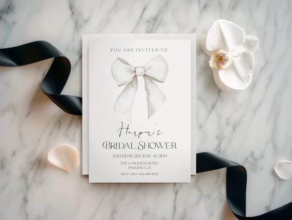 White Bow Bridal Shower Invitation Template: Elegant Printable Invite