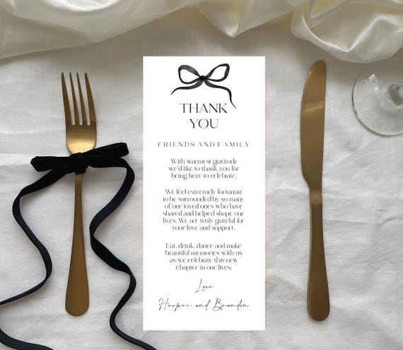 Black Bow Wedding Thank You Place Card Template: Editable Printable (Digital Download) #BELLA