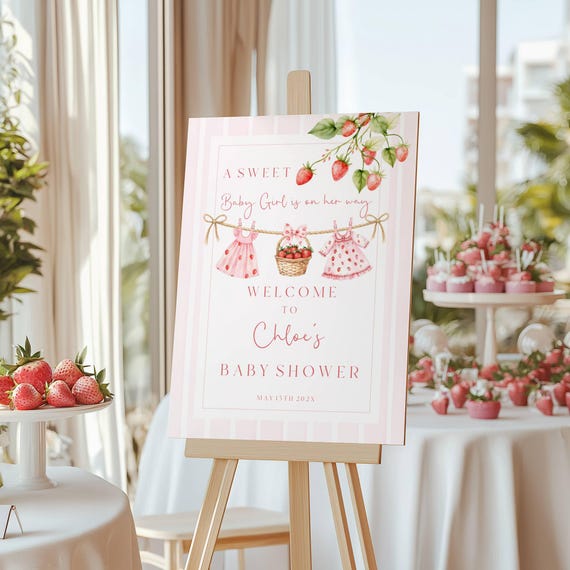 Strawberry Baby Shower Welcome Sign, Sweet Girl, Summer Fruits, Pink (Editable Printable) #scp
