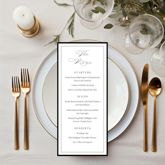 Elegant Script Wedding Menu Template: Modern Black Border (Digital) Printable #DARCEY
