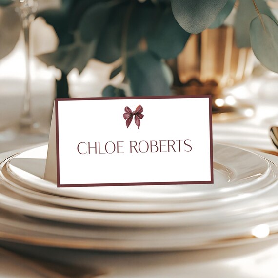 Burgundy Bow Place Card Template: Elegant Wedding DIY (Printable Tent Fold, Editable #mbb)