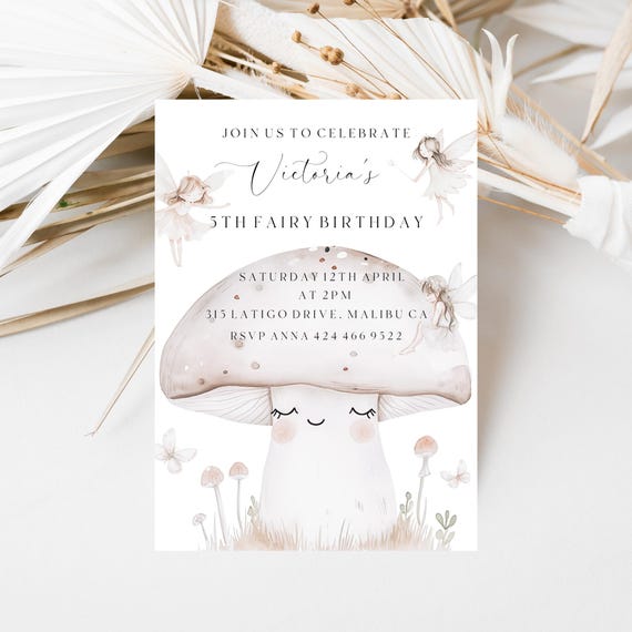 Fairy 5th Birthday Invitation Template: Neutral Party Invite (Editable, Printable)