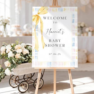 Placa de boas-vindas para chá de bebê com laço amarelo: xadrez vichy pastel, modelo editável e imprimível #ybb