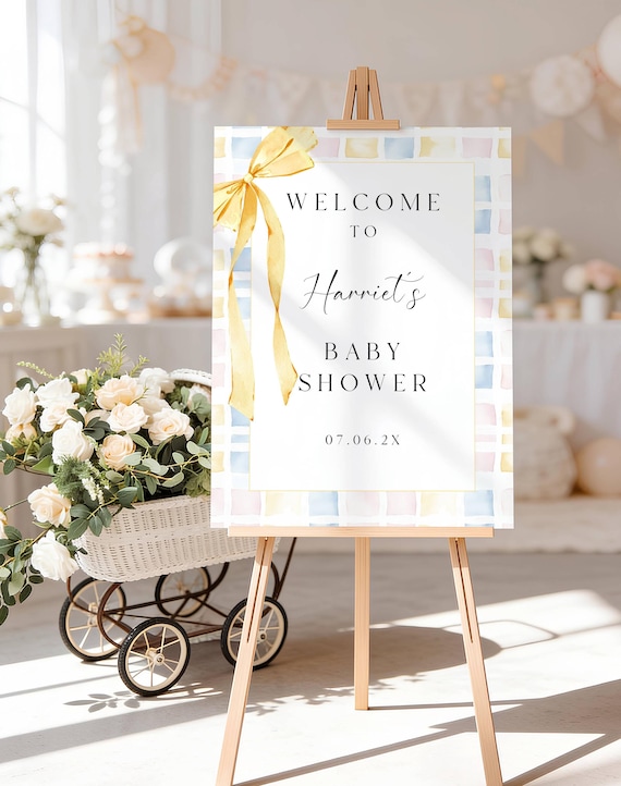 Yellow Bow Baby Shower Welcome Sign: Pastel Gingham, Editable, Printable Template #ybb