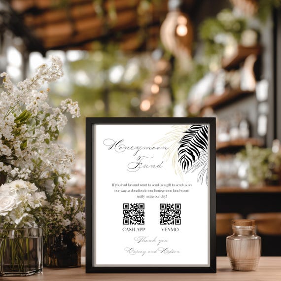 Modern Palm Honeymoon Fund Sign: Elegant Script, Editable Template