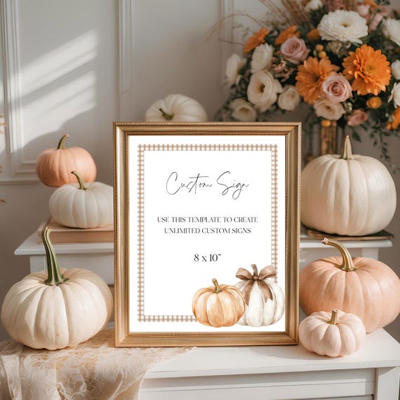 Fall Baby Shower Sign Template: Pumpkins, Beige Gingham (Instant Download, Printable, Editable) #pbs