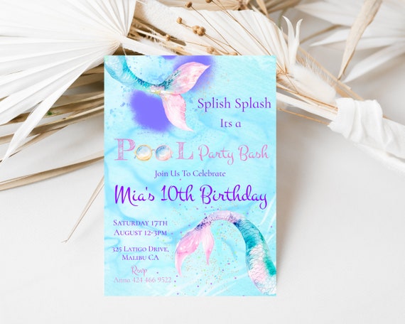 Mermaid Pool Party Invitation: Watercolor Tails, Editable (Digital Download)