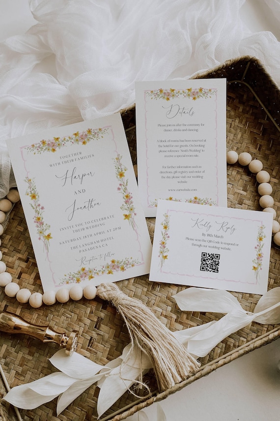 Floral Frame Wedding Invitation Suite: Garden Vine, Pink Border, (Editable Printable) Rsvp, Details