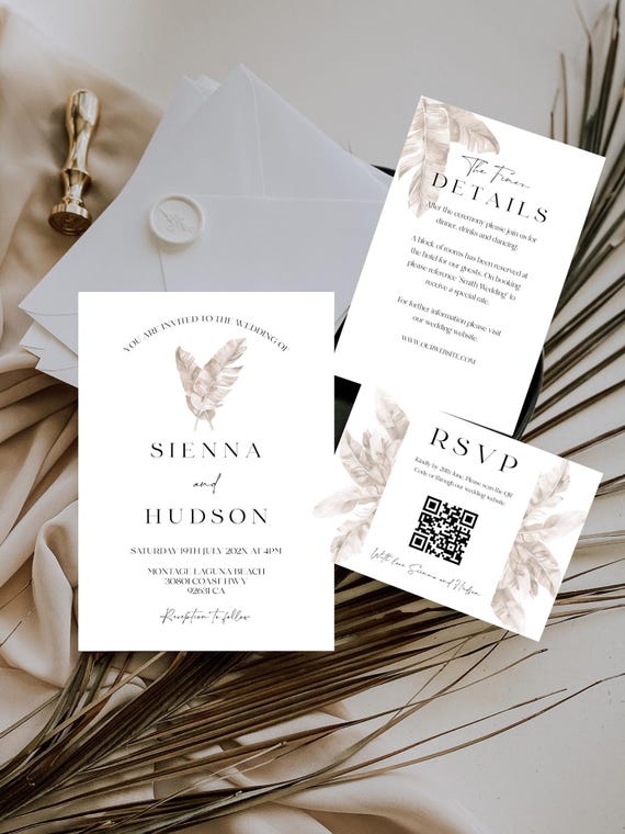 Neutral Tropical Wedding Invitation Set: Minimalist Palm Leaves (Printable, Edit, Digital Download