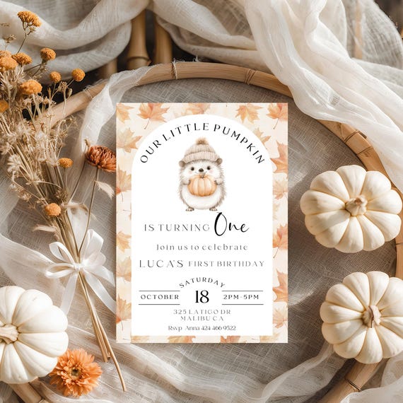 Little Pumpkin 1st Birthday Invitation: Fall Animals, Printable, Editable Template