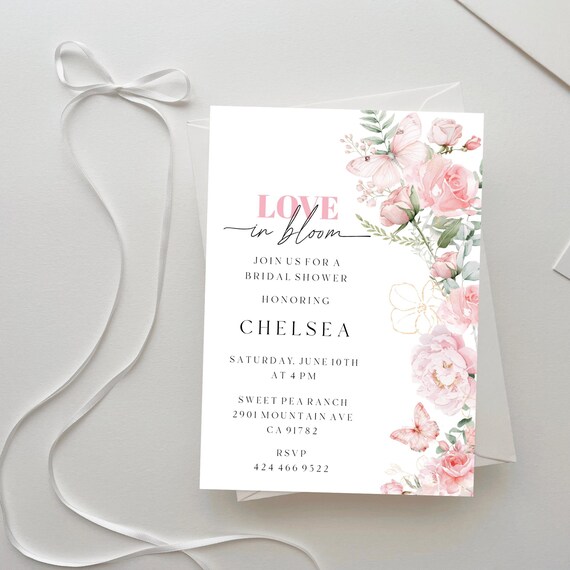 Elegant Pink Floral bridal Shower Invitation, Peonies, Butterflies (Editable Printable) Digital
