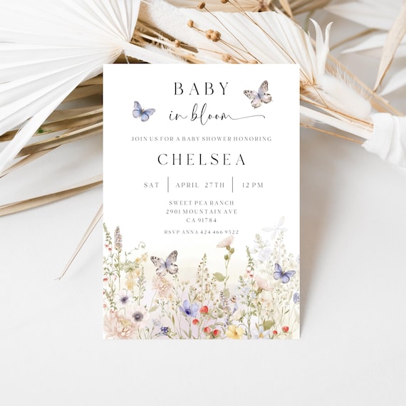 Baby In Bloom Baby Shower Invitation, Wildflowers, Butterflies, Spring Flowers (Editable Printable) Digital #wsb