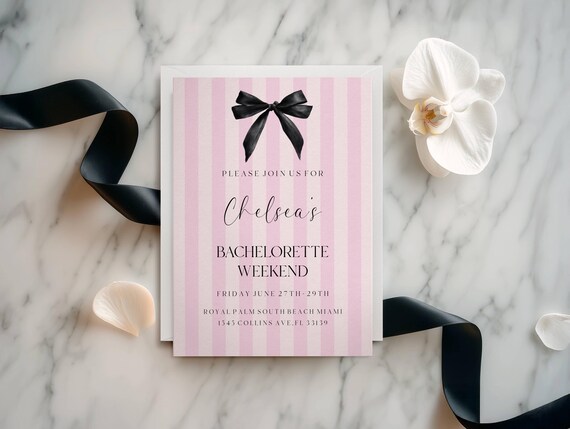Pink Black Bow Bachelorette Weekend Invitation, Itinerary, Elegant (Editable Printable) Instant Download #vss