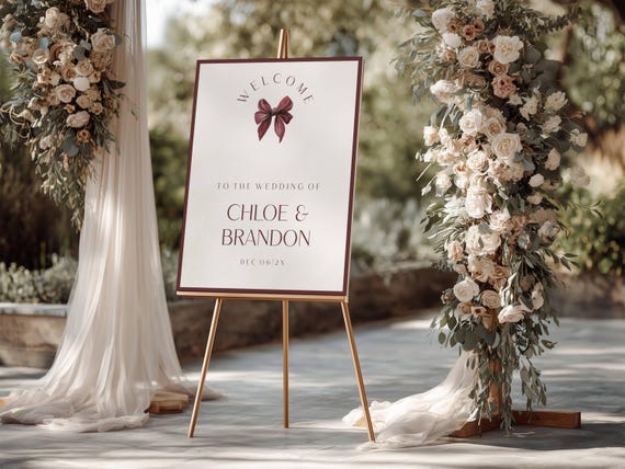 Burgundy Bow Wedding Welcome Sign Template: Minimalist Modern Design (Printable, Editable #mbb