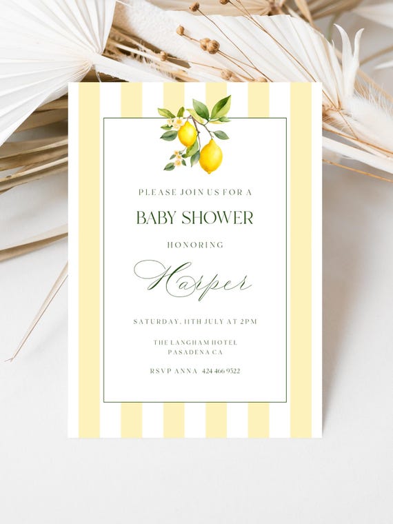 Lemon Baby Shower Invitation, Coastal, Striped, Mediterranean ( Editable Printable ) Digital #lgs