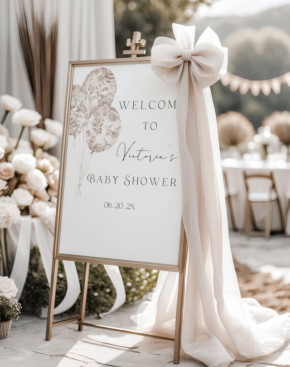 Toile Balloons Baby Shower Welcome Sign: Neutral Beige (Printable, Editable) #ball